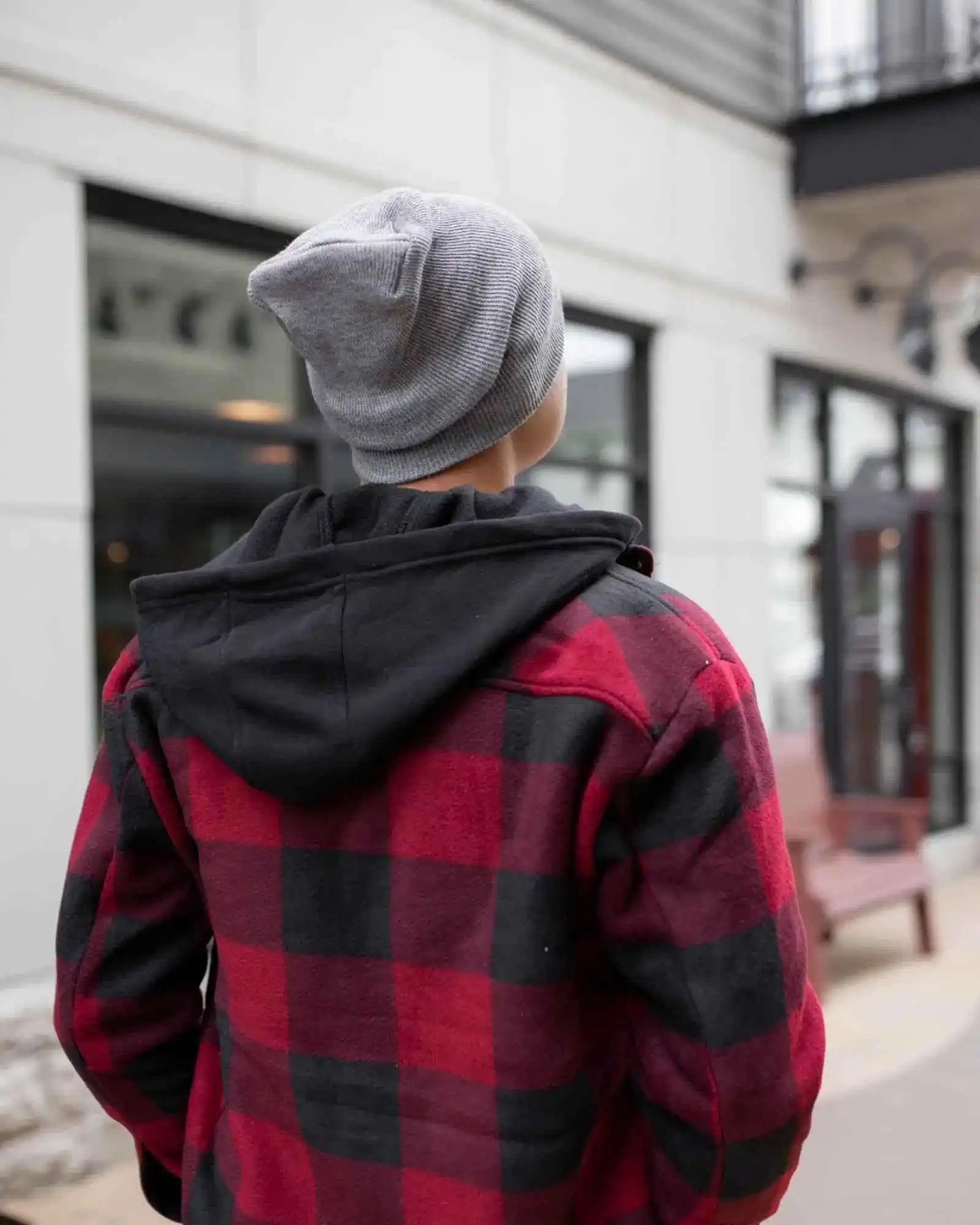 Gray beanie from behind with foldover cuff and small square logo patch