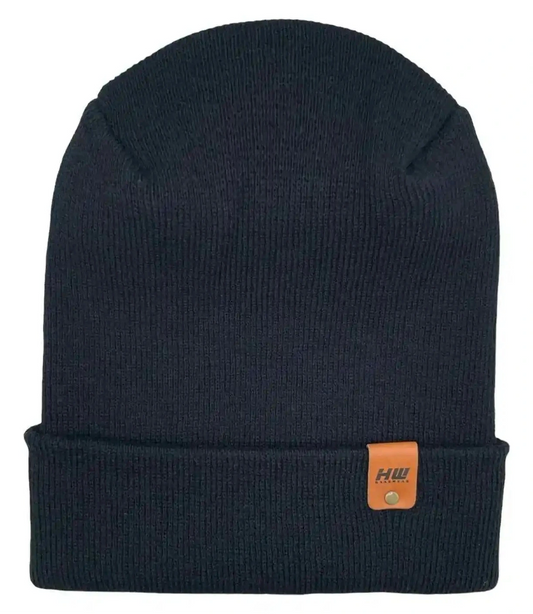 Patented H-stitch cuffed beanie in midnight black with cuff logo patch