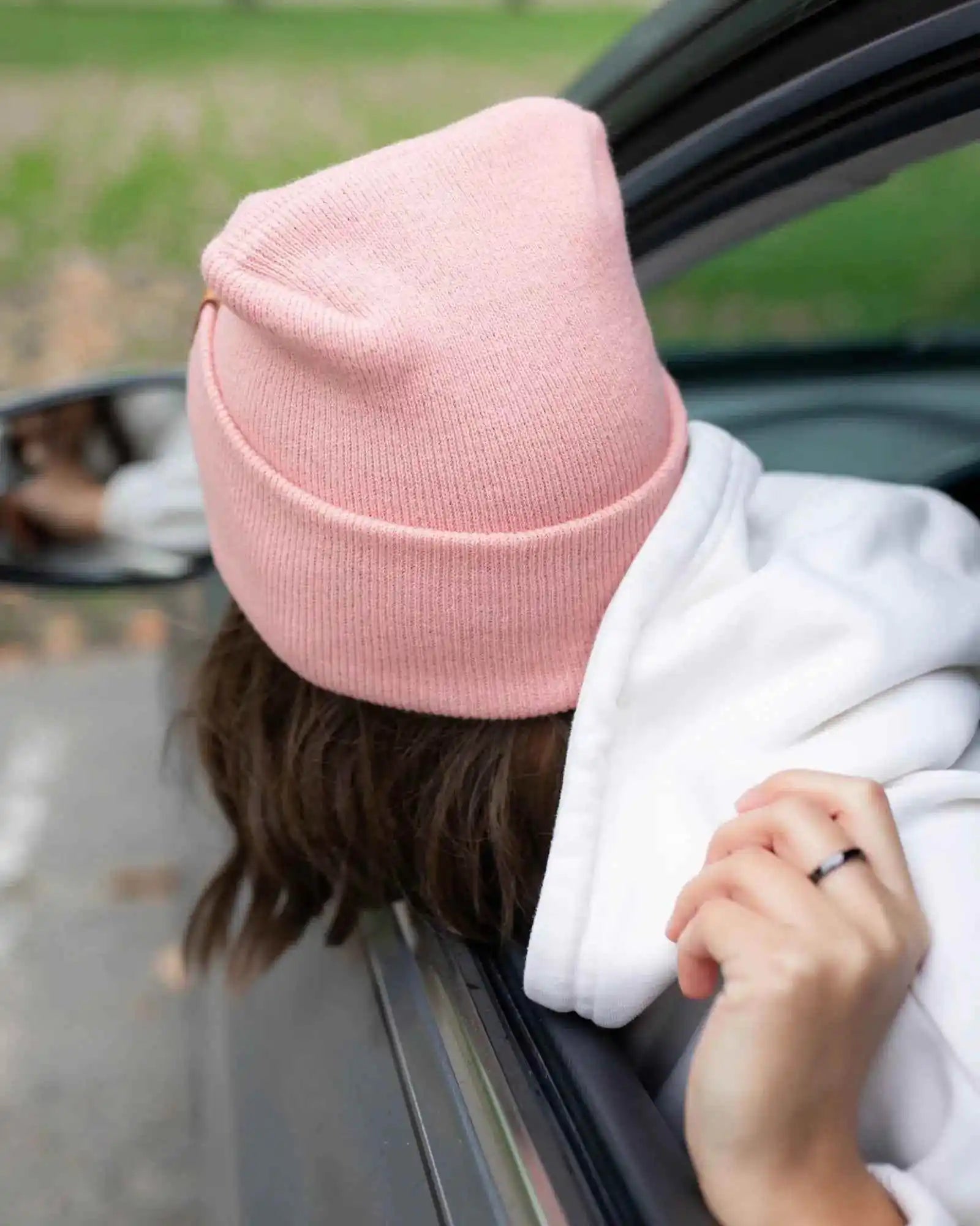 Pearl pink ribbed cuff beanie with knit fold-over top
