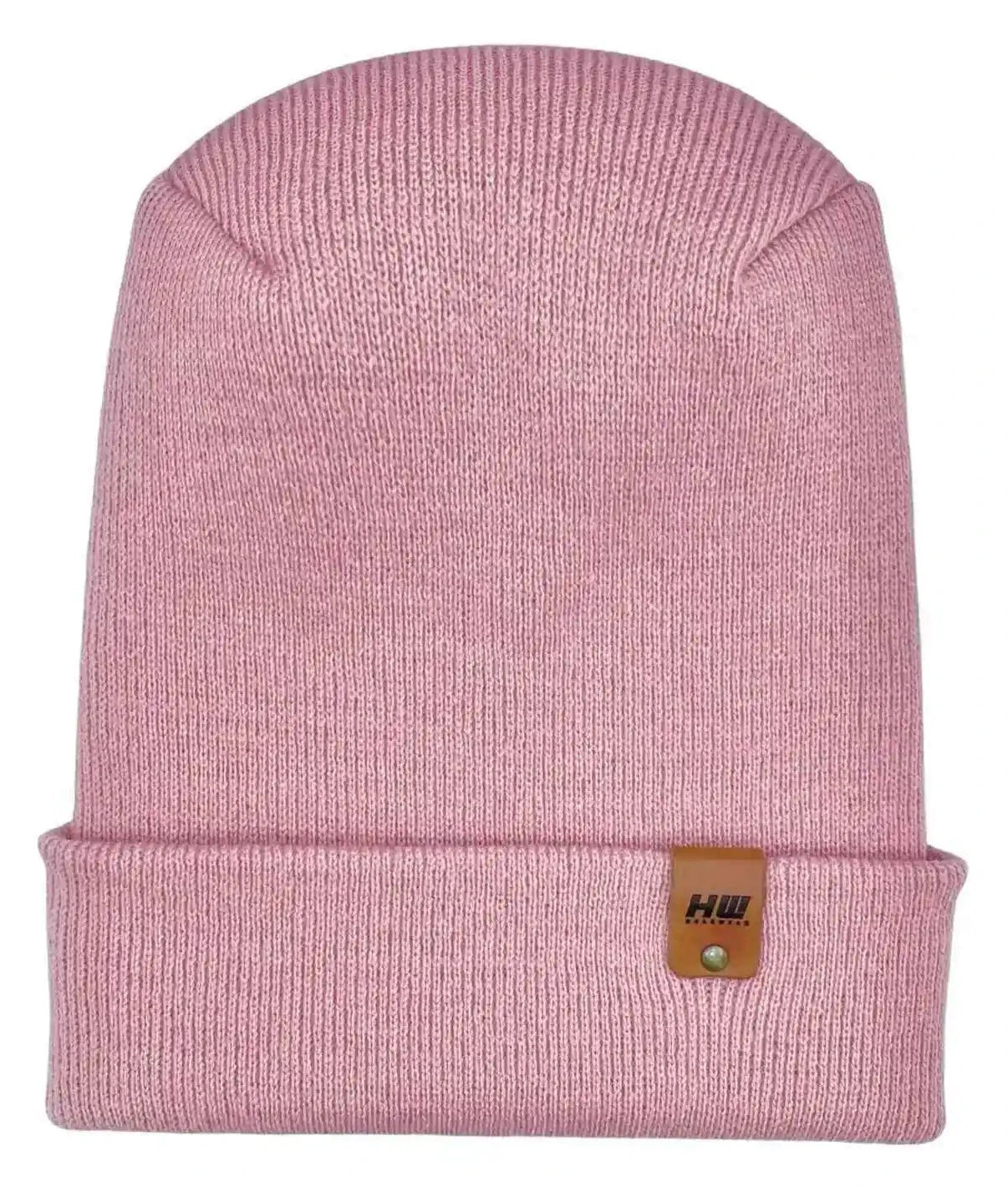 Pink knit beanie with folded cuff and small logo patch