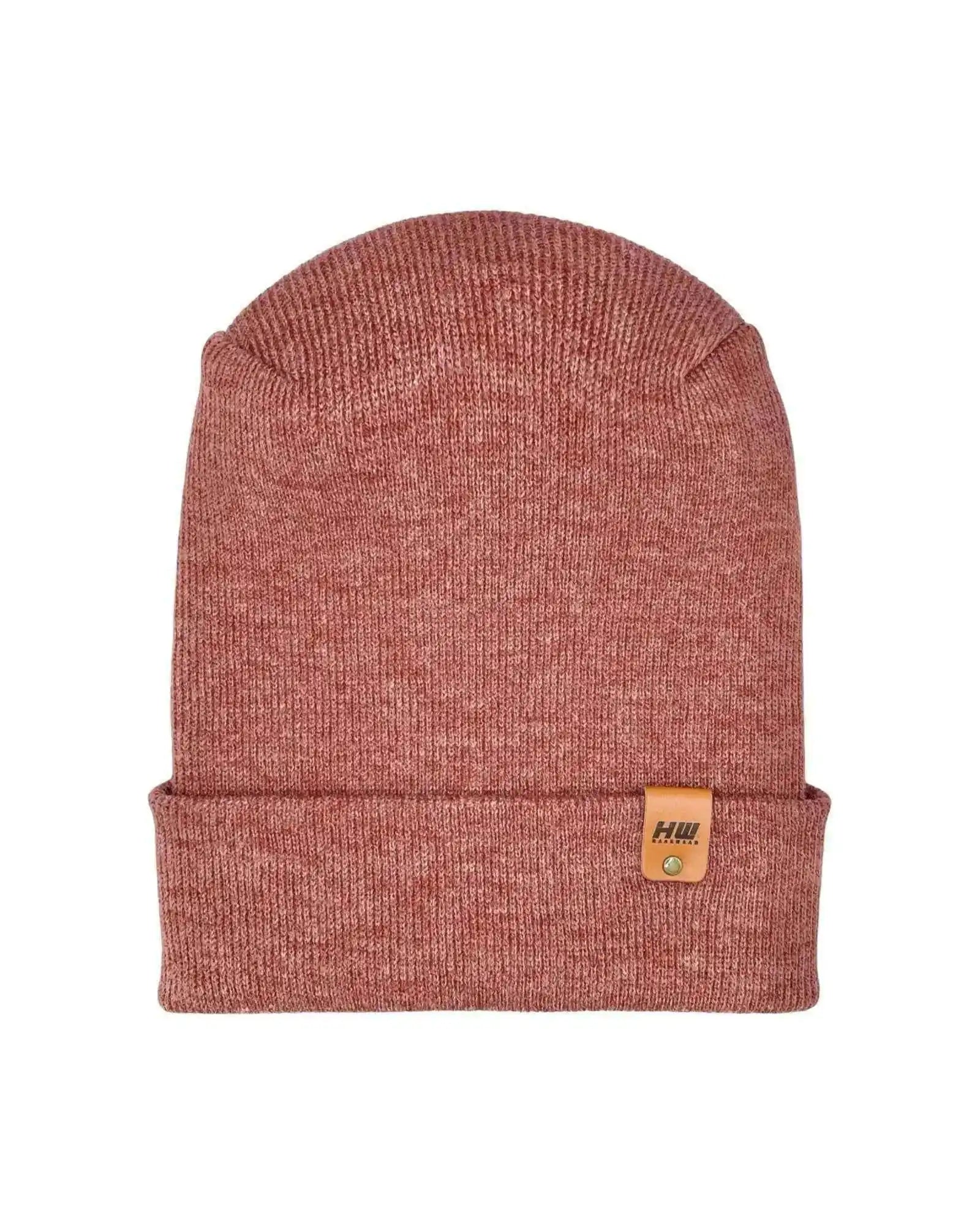 Rusty burgundy knit cuff beanie with small logo patch on the cuff