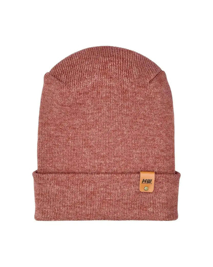 Rusty burgundy knit cuff beanie with small logo patch on the cuff