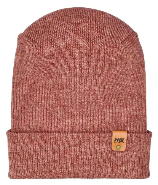 Rusty burgundy knit cuffed beanie with stitched front and small leather brand patch