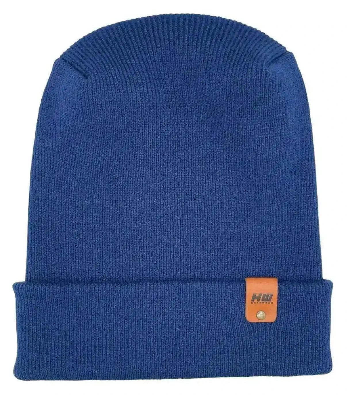 Sapphire blue ribbed cuff beanie with small leather logo patch