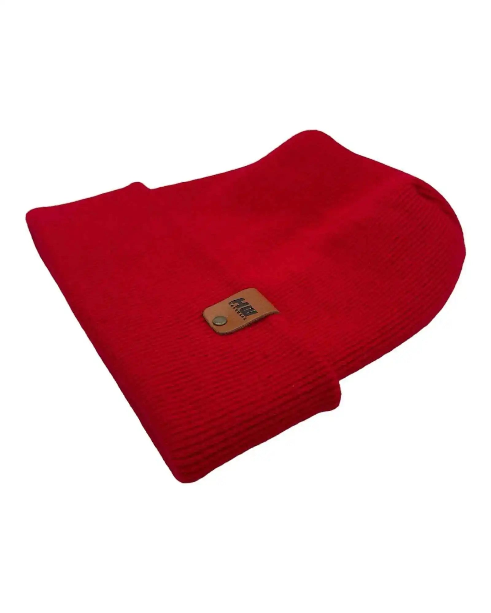Scarlet red cuffed knit beanie with rectangular logo patch on side
