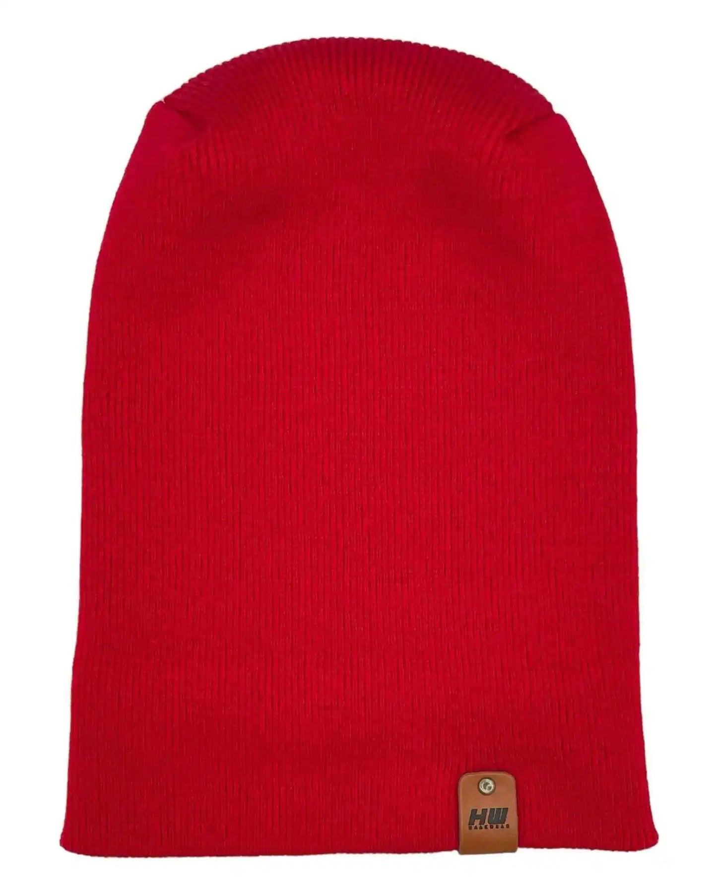 Scarlet red knit beanie with small rectangular logo patch at lower edge
