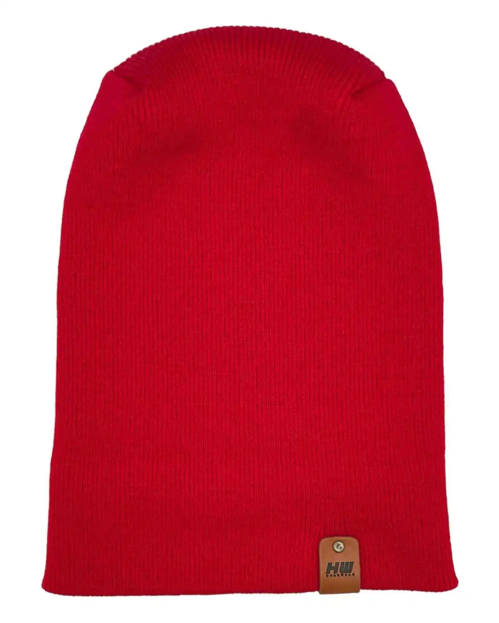 Scarlet red knit beanie with small rectangular logo patch at lower edge