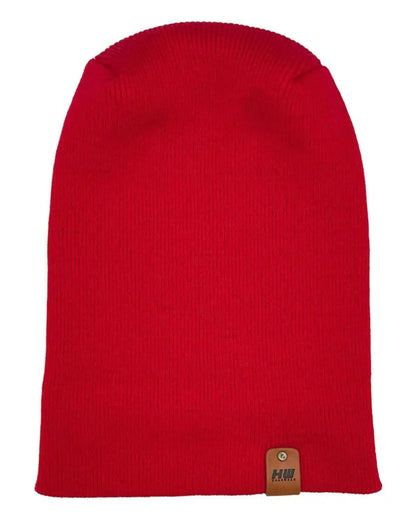 Scarlet red knit beanie with small rectangular logo patch at lower edge