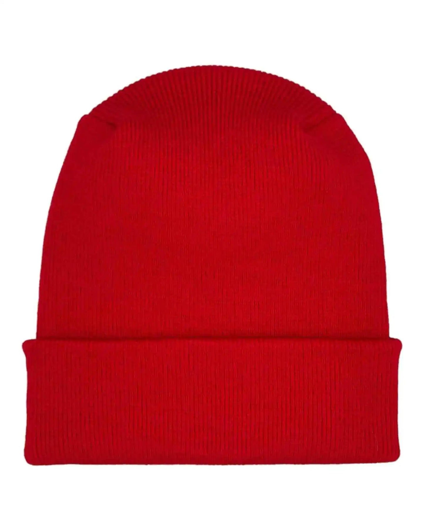 Scarlet red knit beanie with folded cuff, smooth top and ribbed texture