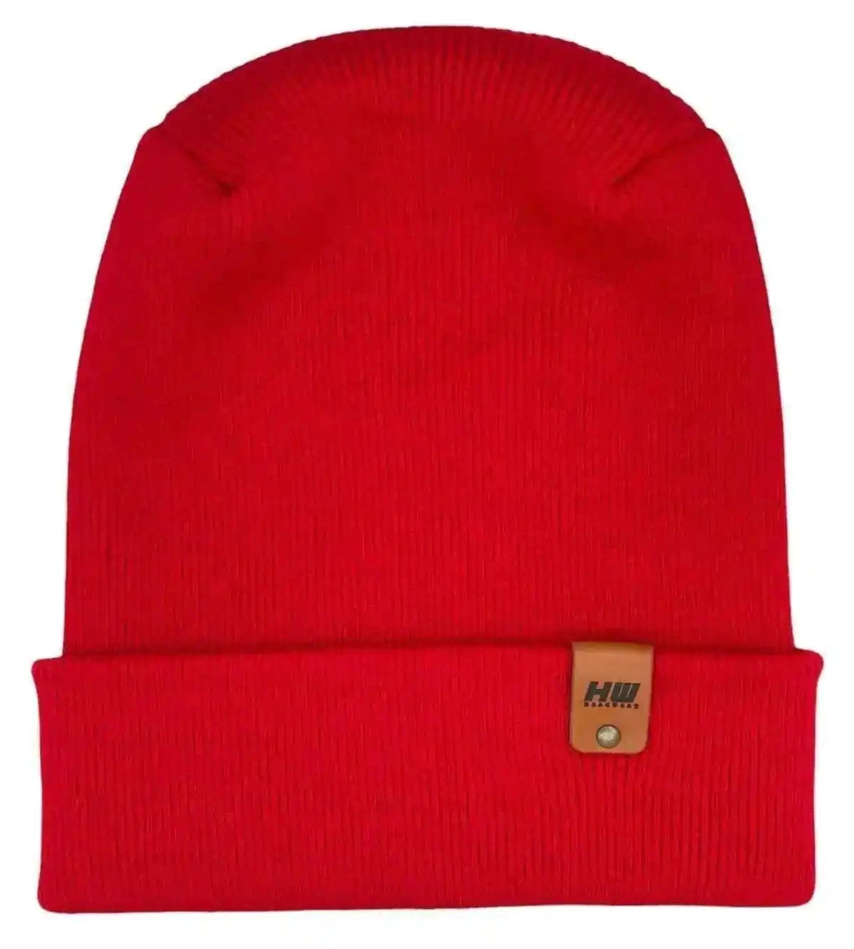 Scarlet red knitted beanie with folded cuff and small brand patch on front