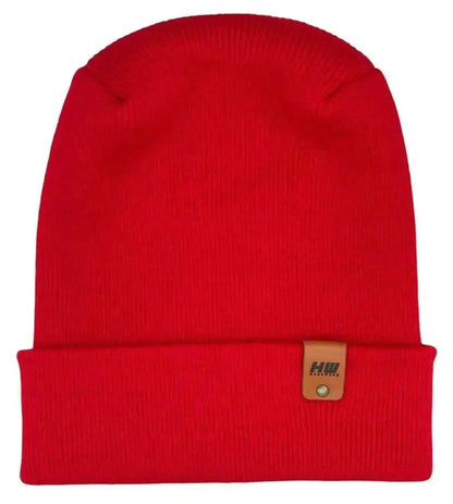 Scarlet red knitted beanie with folded cuff and small brand patch on front