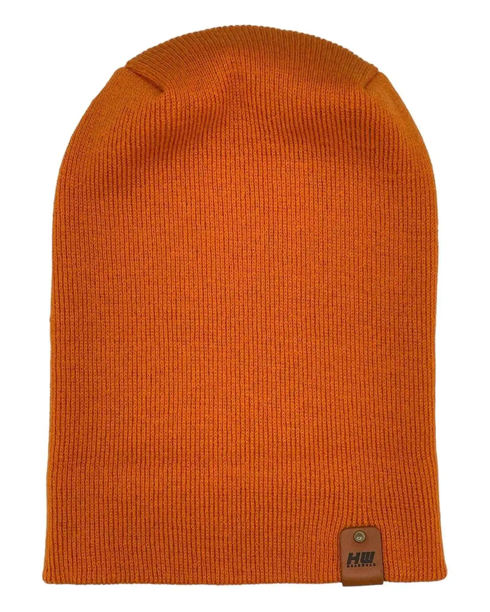 Tiger orange knit beanie with rolled cuff and woven logo patch