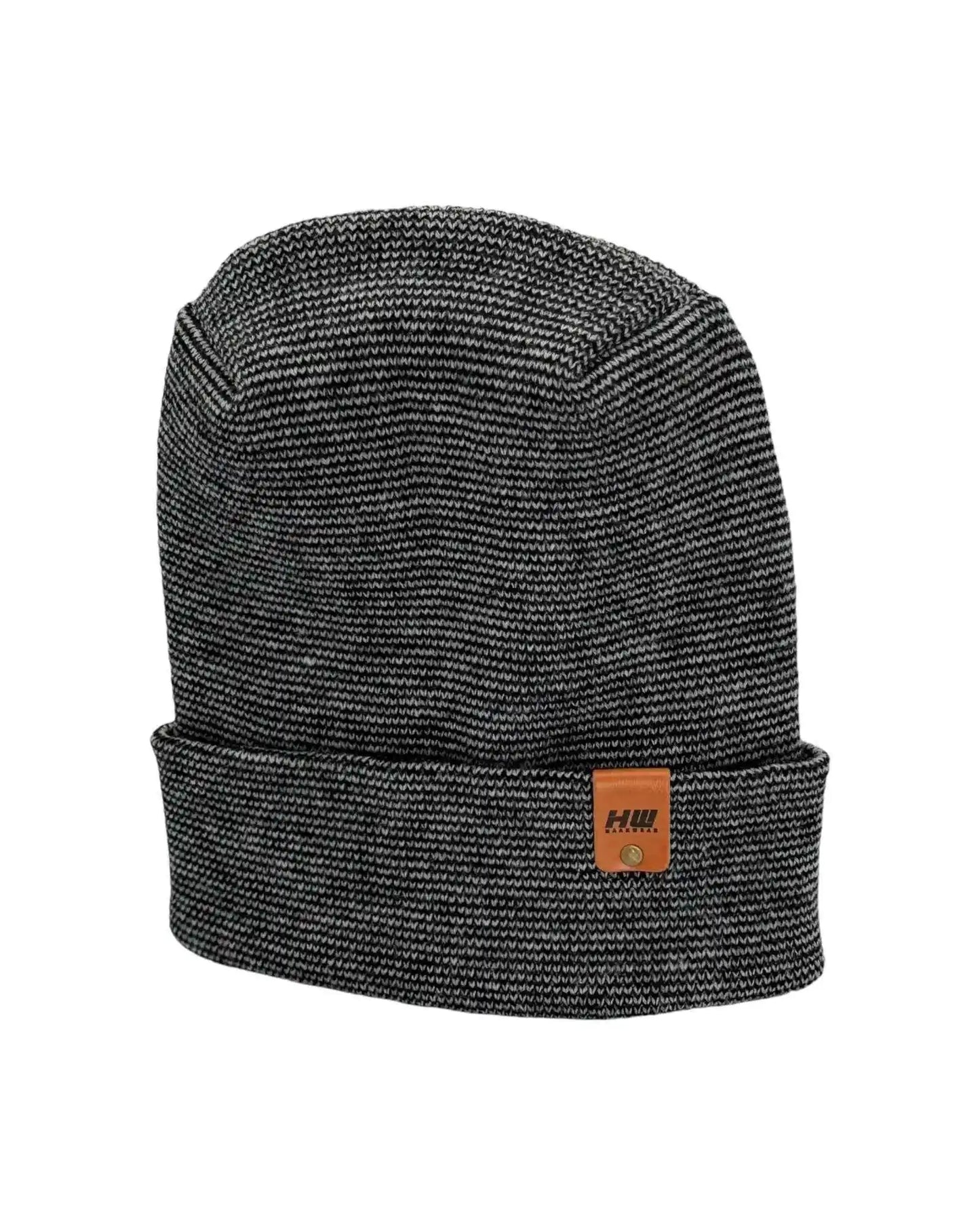 H-stitch fusion cuffed beanie in dark gray knit with orange brand tag