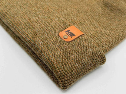 Folded knit beanie with orange rectangular logo patch