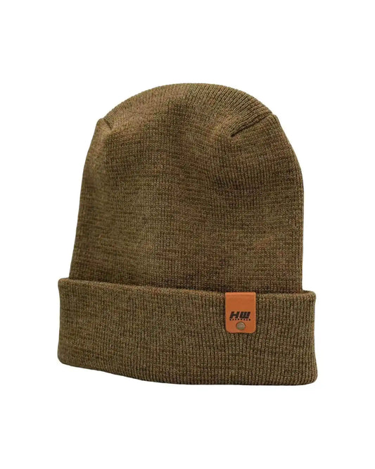 Brown-green knit beanie with fold-up cuff and rectangular logo patch