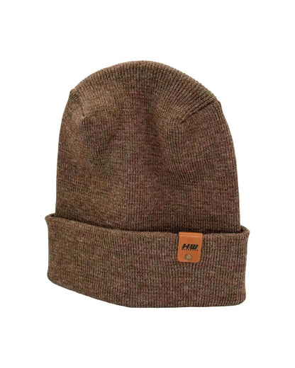 Brown knit cuff beanie with fold-over brim and leather logo patch