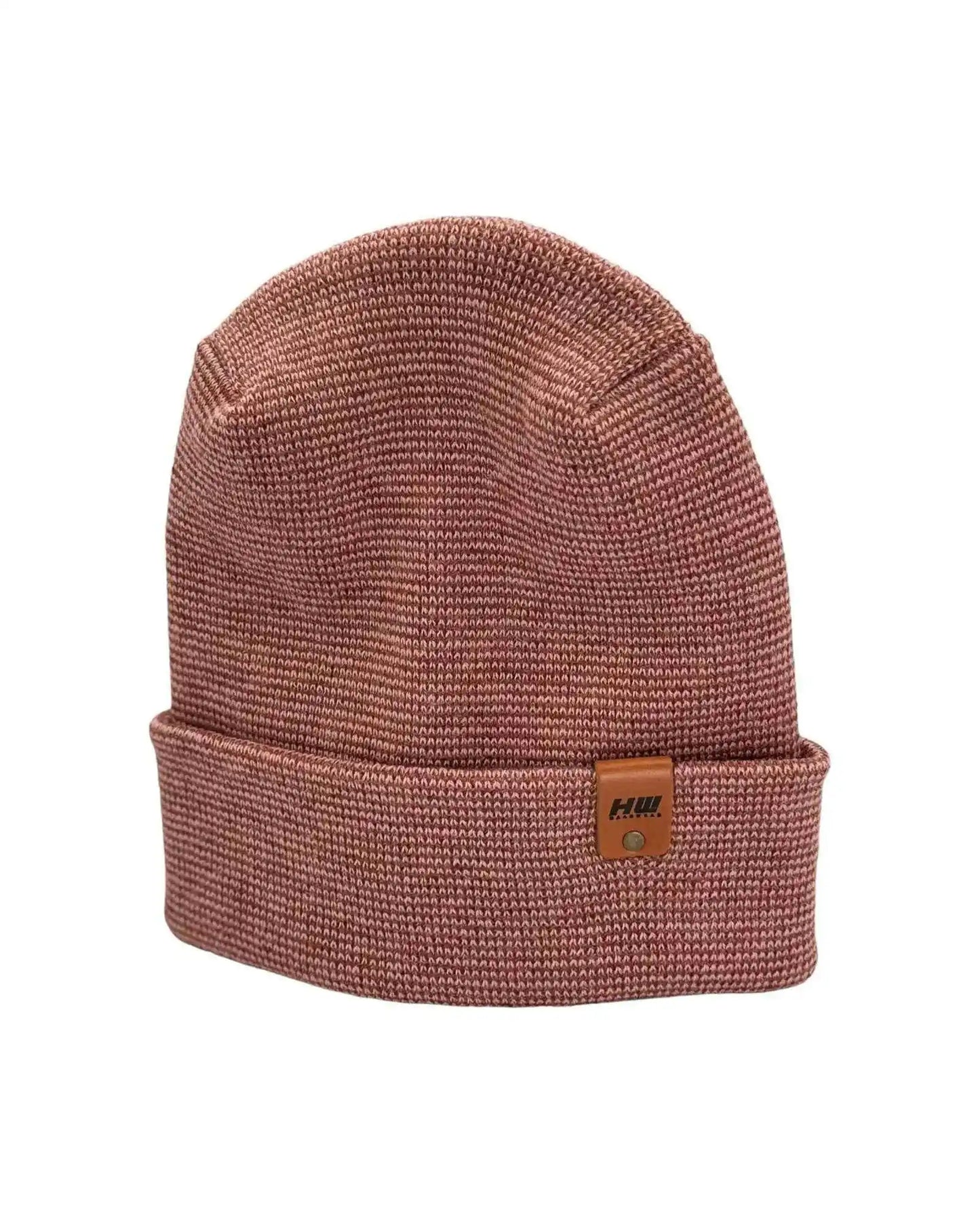 Burgundy knit cuffed beanie with logo patch and H-stitch texture