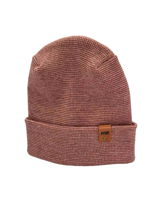 Burgundy knit cuffed beanie with logo patch and H-stitch texture
