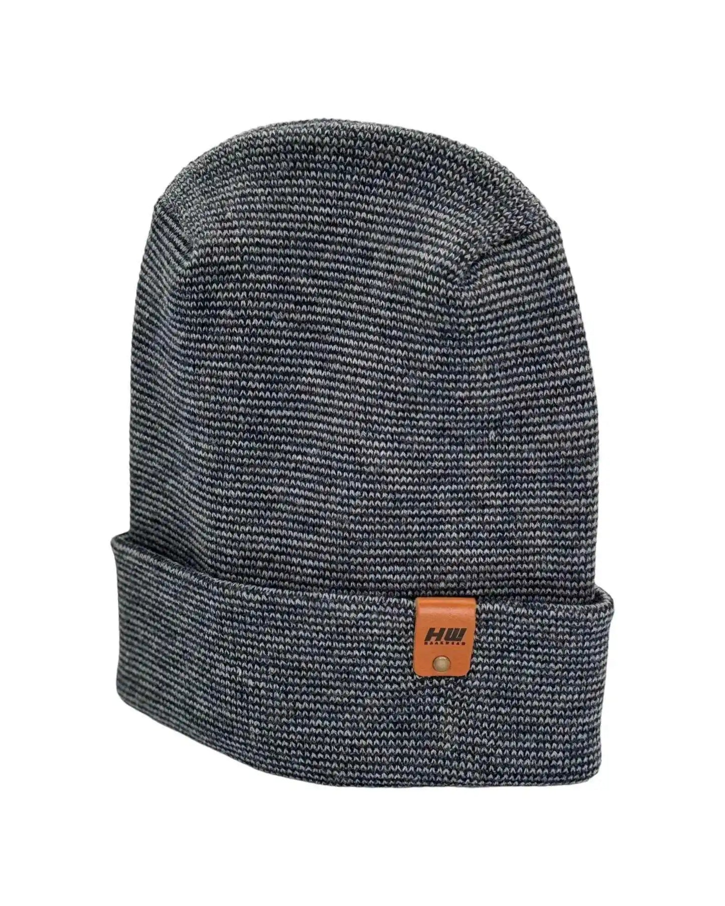 Gray knit cuffed beanie with orange brand patch logo