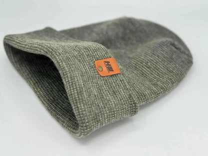 Knit beanie with turned-up cuff, gray-green fabric and orange logo label