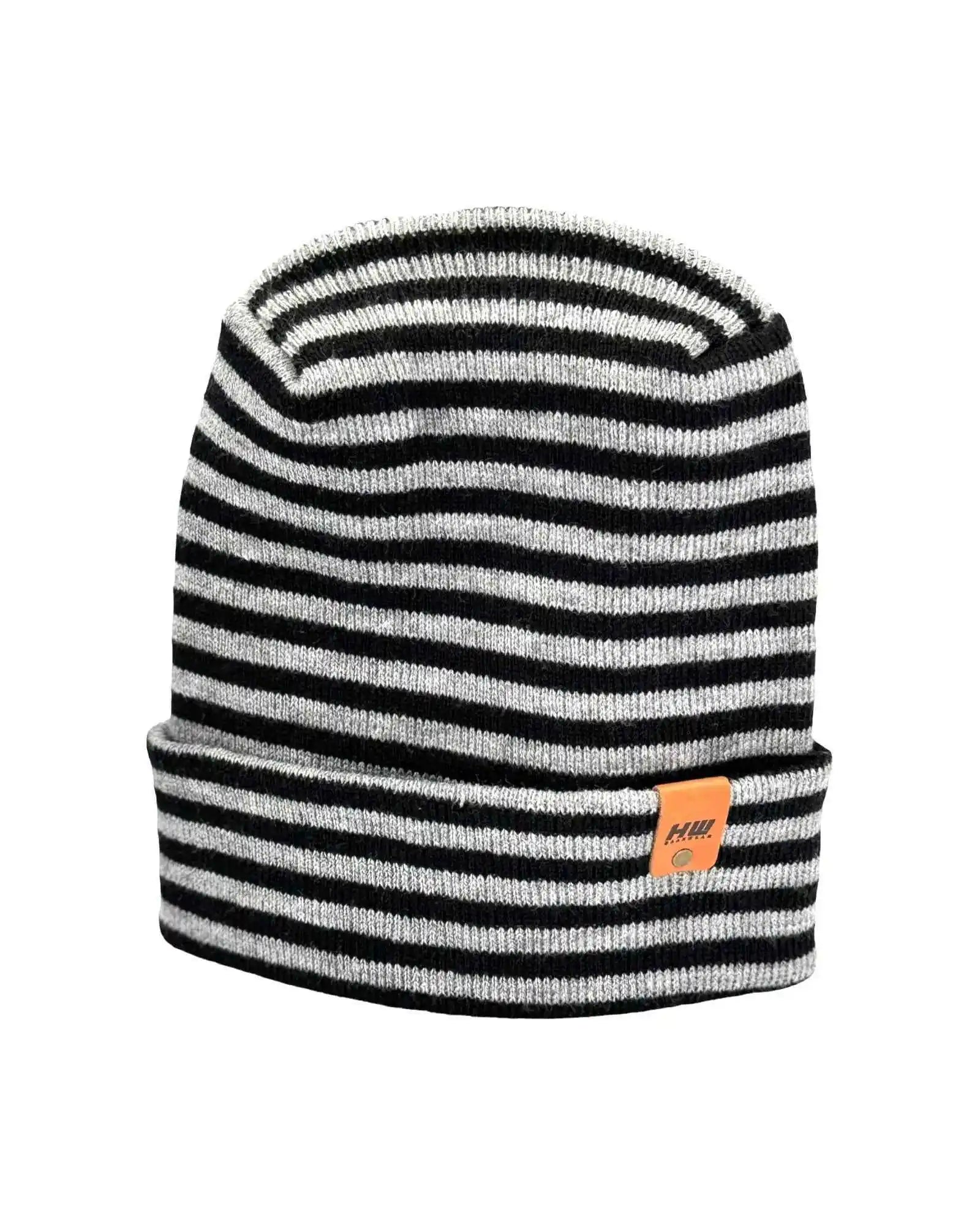 Black and gray striped cuffed beanie knit with ribbed brim