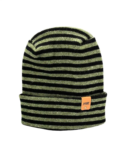 Striped knit beanie with folded cuff, black and green horizontal bands