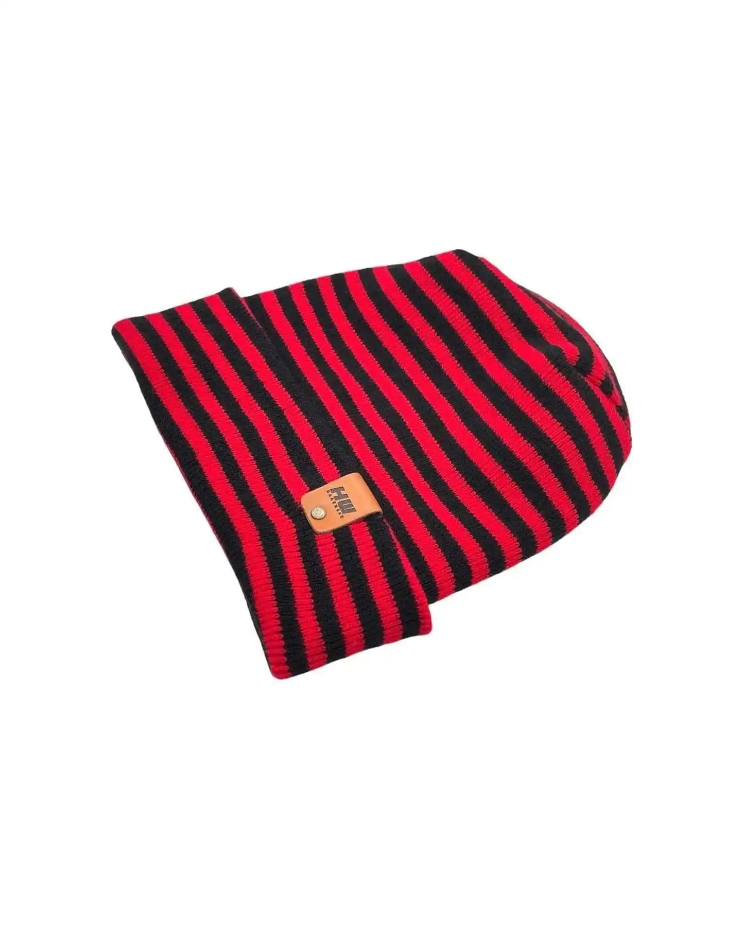 Striped knit beanie with folded cuff, black and red, side patch logo