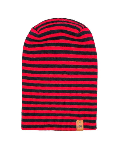 Striped knit beanie with ribbed trim, black and red, small front tag logo