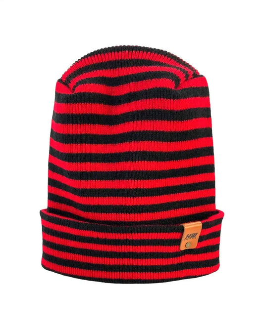 Striped knit beanie with ribbed cuff, black and red, front patch logo