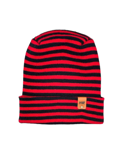 Striped knit beanie with ribbed cuff and small tag logo, black and red
