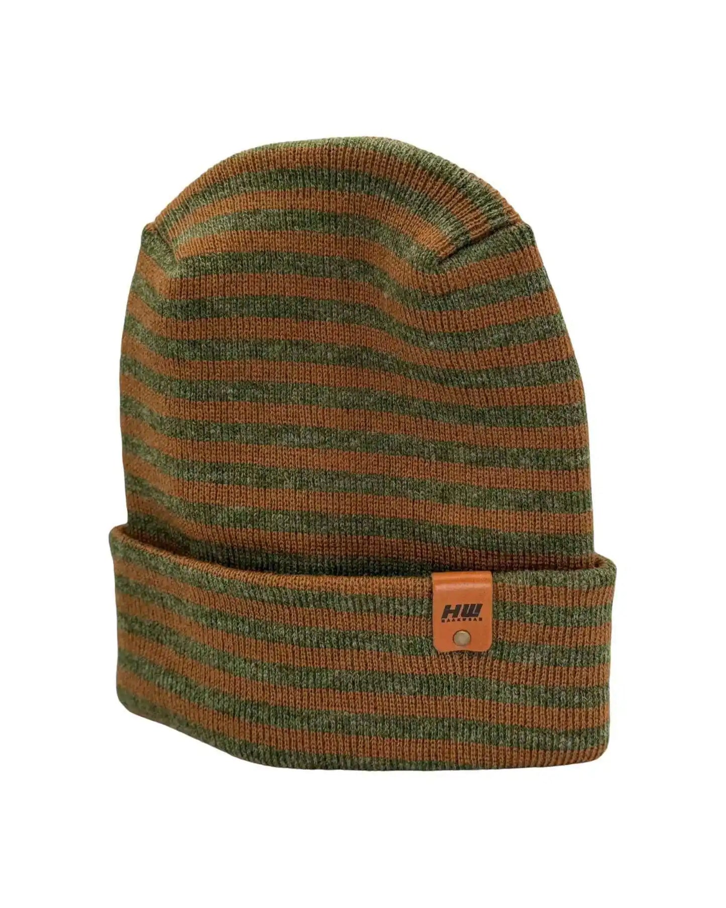 Brown and green striped cuffed beanie with H-stitch knit and leather patch