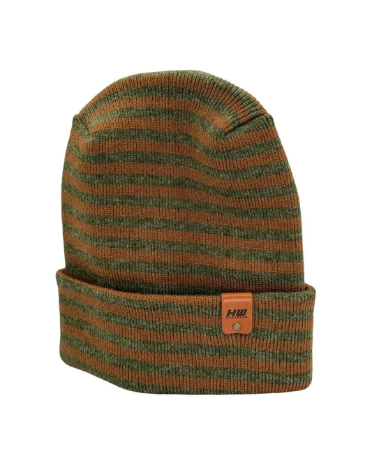 Brown and green striped cuffed beanie with H-stitch knit and leather patch