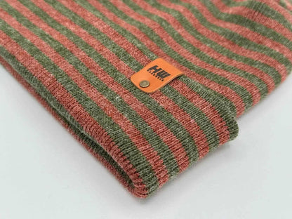 Striped knit beanie cuff with orange brand tag patch, burgundy and green