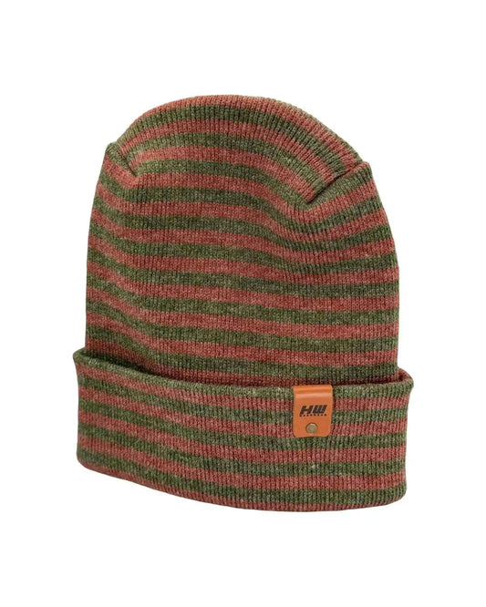 Burgundy/green striped cuffed knit beanie with front brand patch