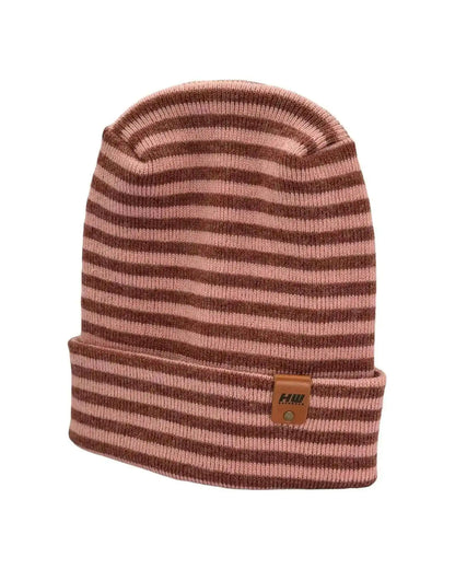 Striped knit beanie with folded cuff, burgundy and pink, small brand patch
