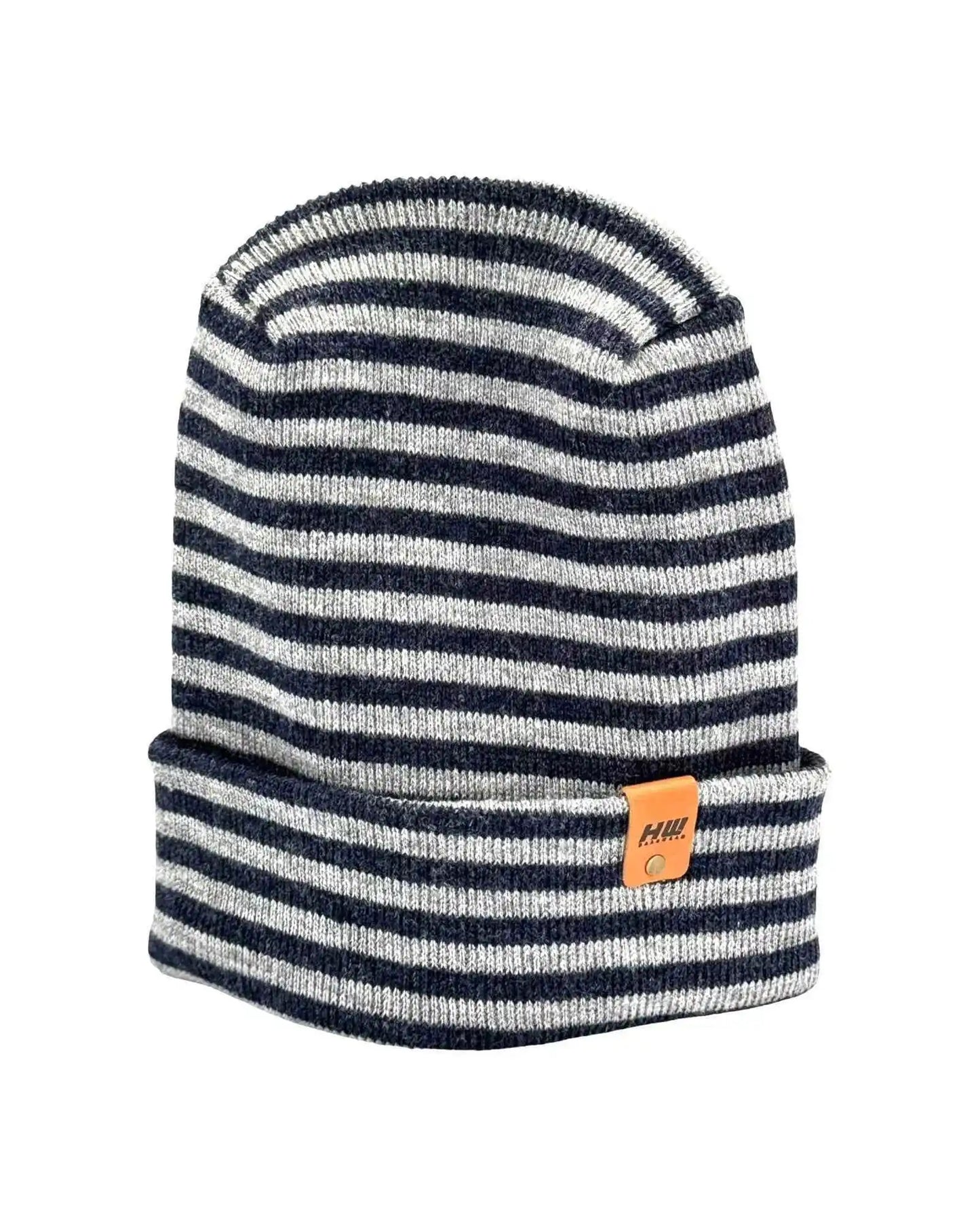 Cuffed striped beanie hat in gray and denim blue with rolled hem