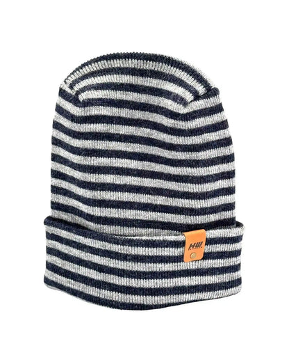 Cuffed striped beanie hat in gray and denim blue with rolled hem