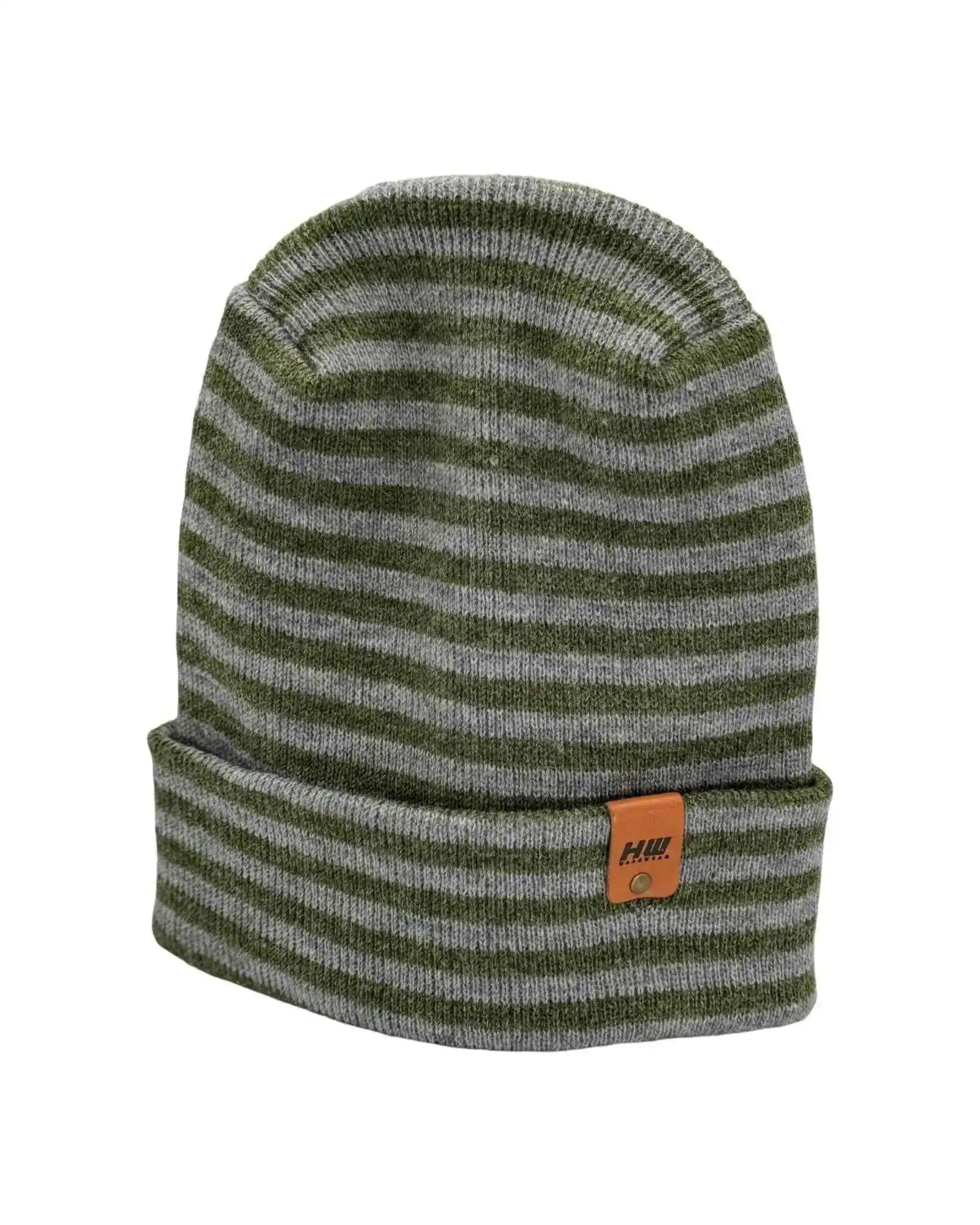Gray and green striped cuffed beanie with small orange logo patch