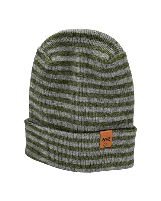 Gray and green striped cuffed beanie with small orange logo patch