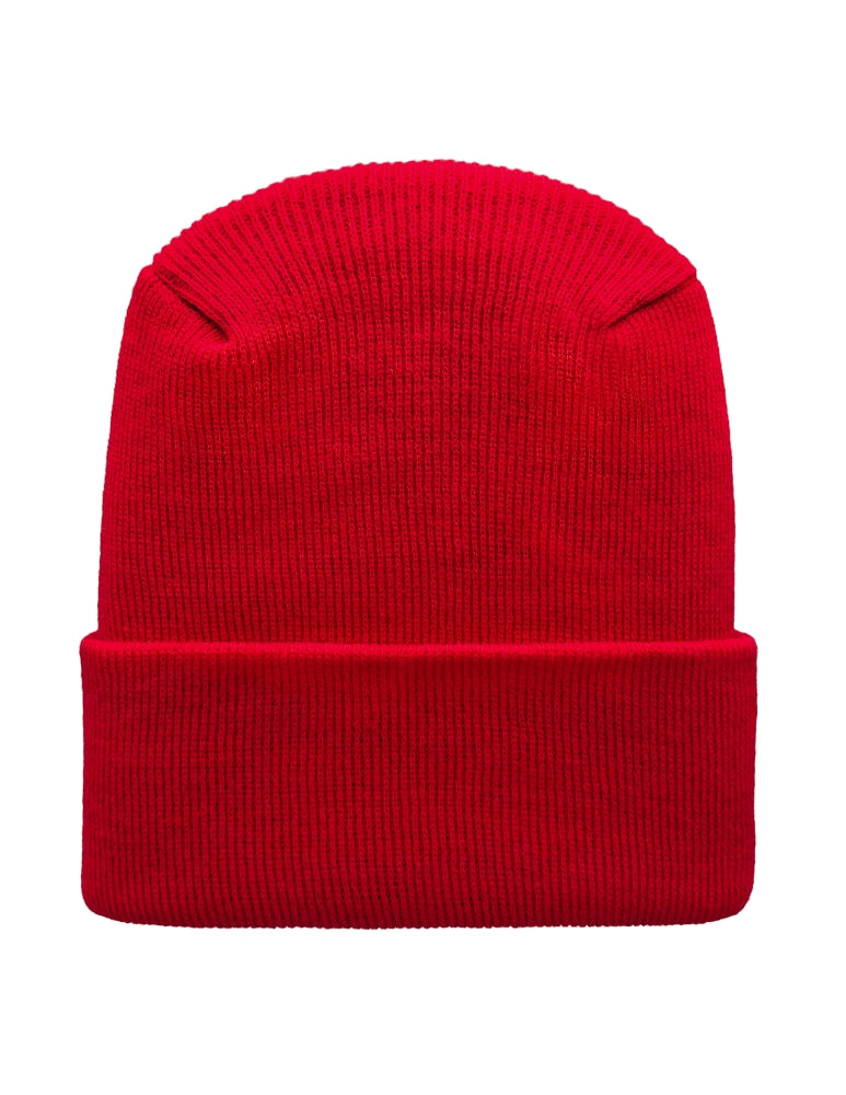 Red knit beanie on a white background