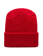 Red knit beanie on a white background
