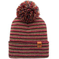 Multicolored striped beanie with a pom-pom on a white background