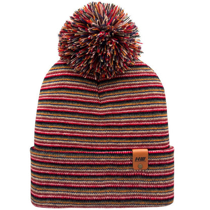 Multicolored striped beanie with a pom-pom on a white background