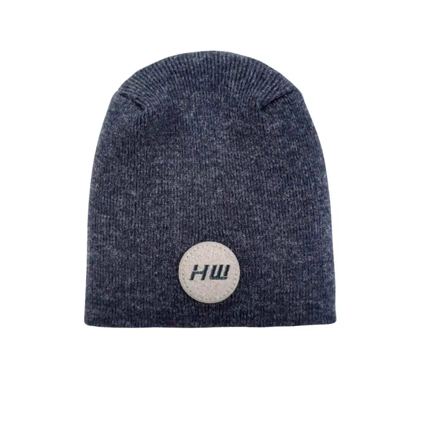 Denim blue knit beanie with un-cuffed ribbed edge and round HUI logo patch.