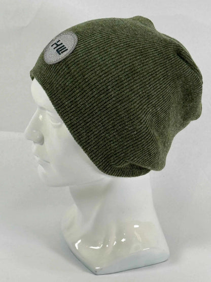 Olive green knit beanie with un-cuffed ribbed edge and small HUI logo label.
