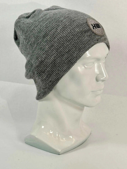 Gray knit beanie, uncuffed fit, ribbed texture and side round logo patch
