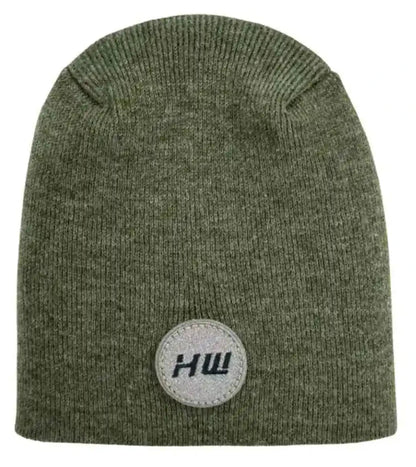 Green knit beanie with uncuffed cuff and round logo patch on front
