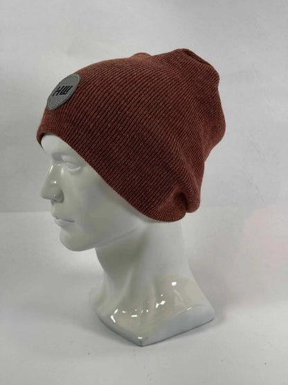 Burgundy knit beanie, uncuffed style, ribbed cuff and side logo patch