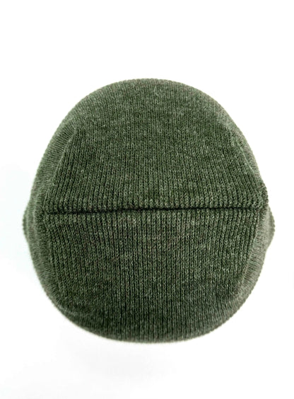 Green knit beanie with ribbed texture, uncuffed design, no visible logo patch