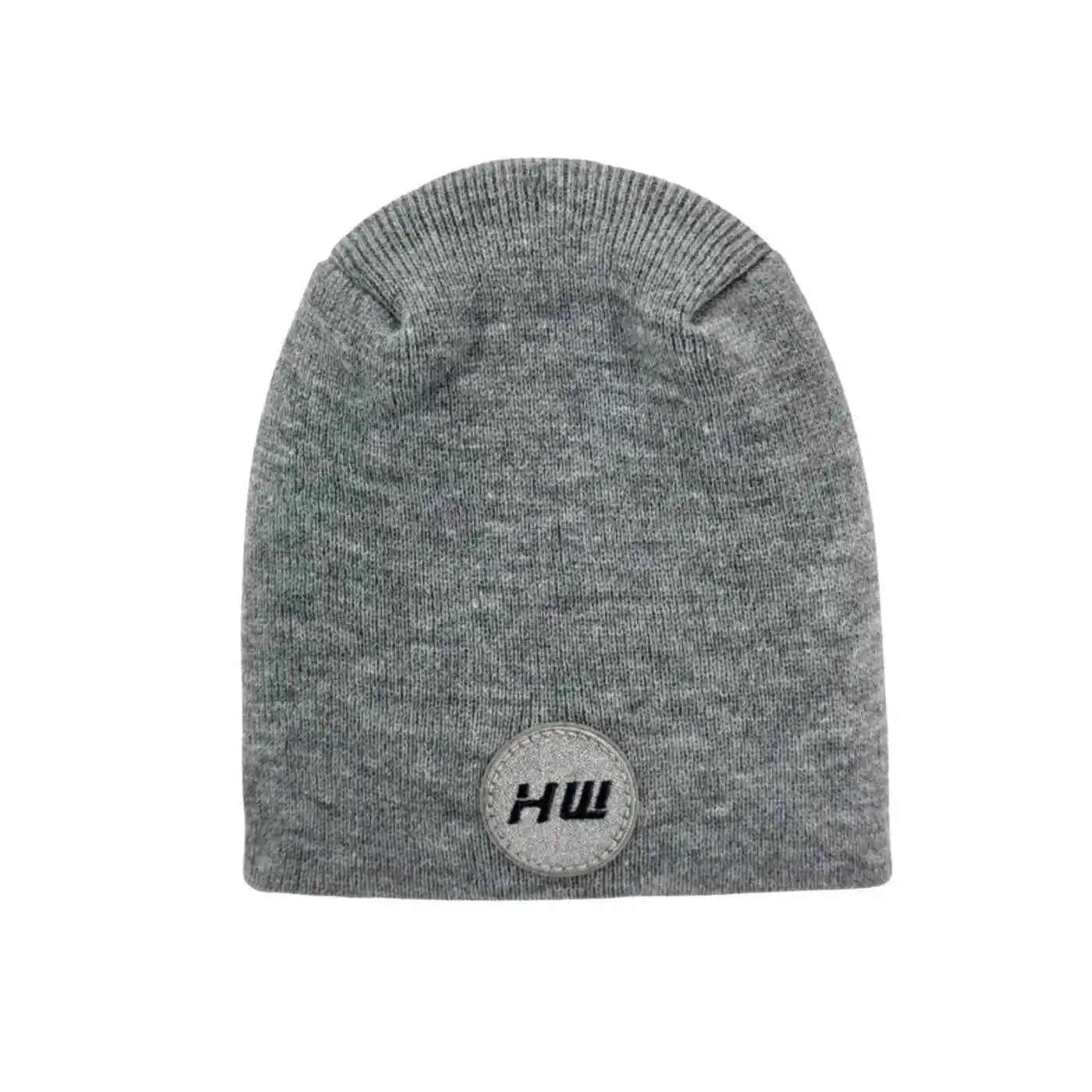 Gray knit beanie with un-cuffed ribbed edge and round HUI logo patch.